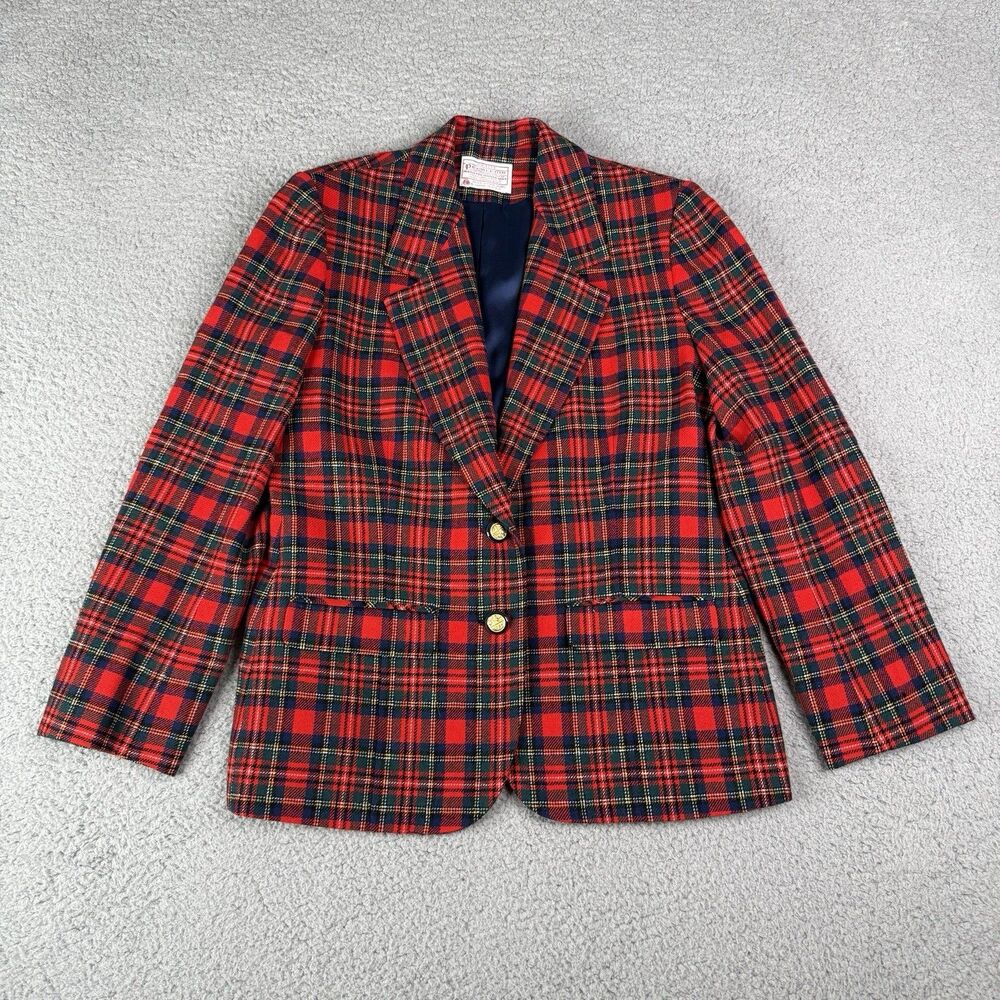 VTG Pendleton Petite Blazer Womens 8 8P Red Tartan Plaid 100% Wool USA Academia